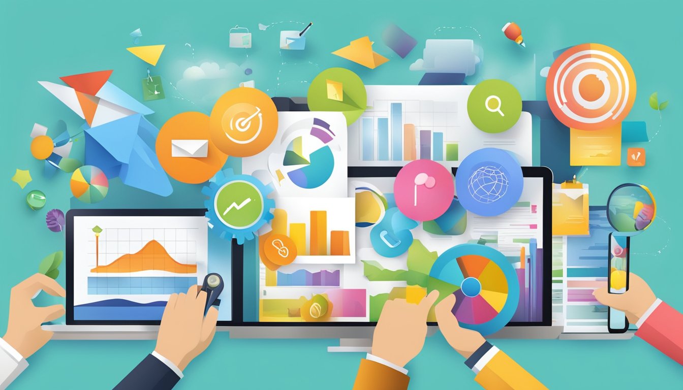 A vibrant, dynamic marketing strategy being implemented with various media and communication tools