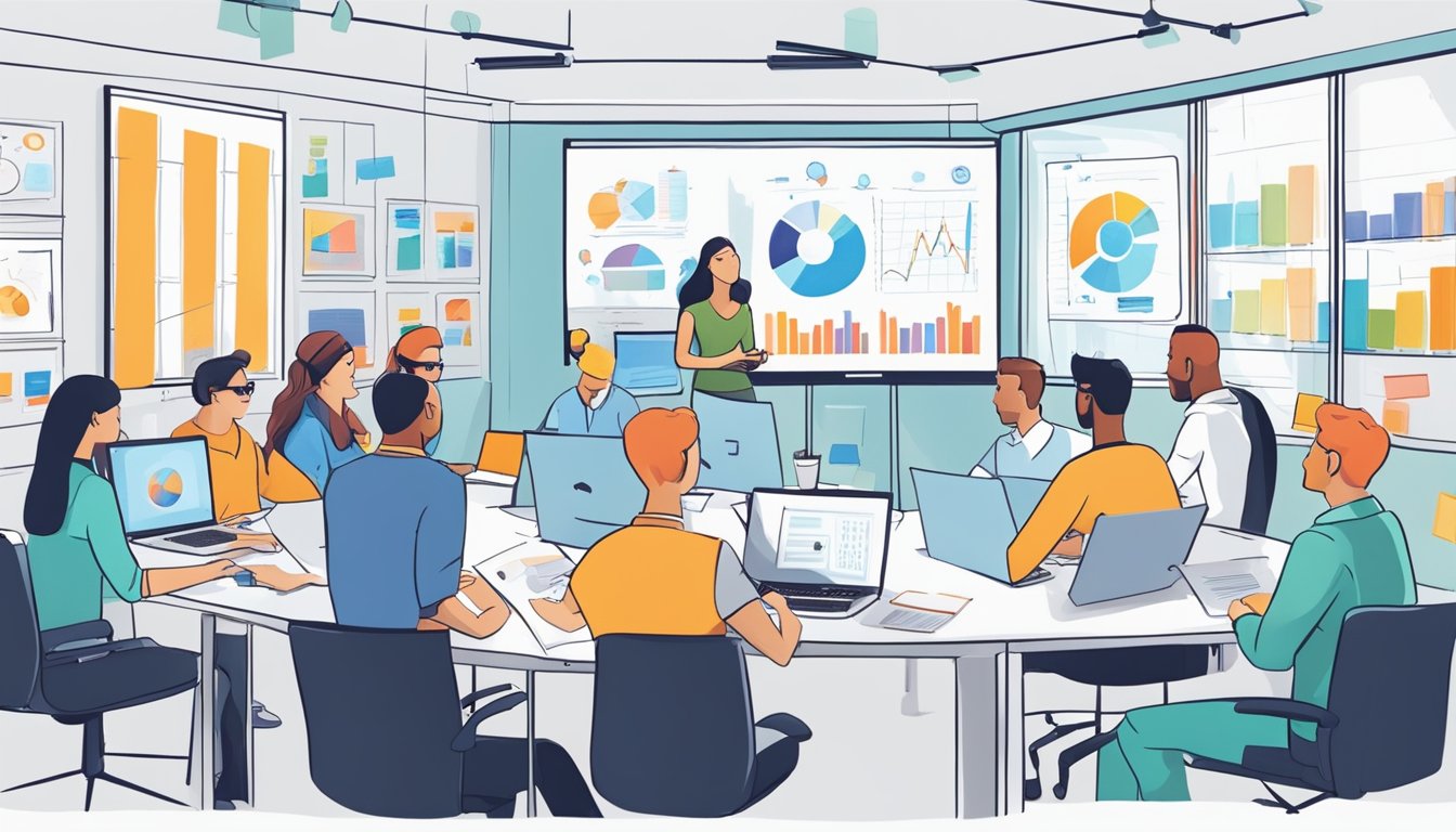 A group of people brainstorming and collaborating on markedsføringsledelse strategies in a modern office setting. Whiteboards, charts, and laptops are scattered around the room