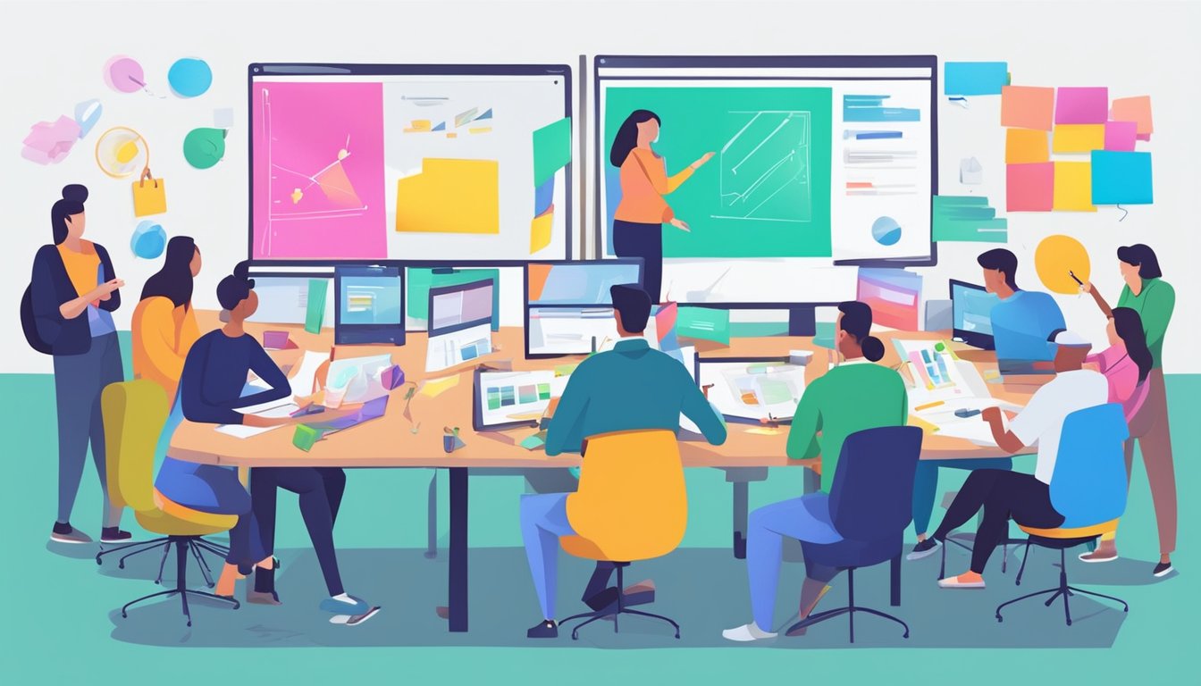 A group of designers collaborate around a table, brainstorming and sketching ideas on a whiteboard, surrounded by colorful design tools and computer screens