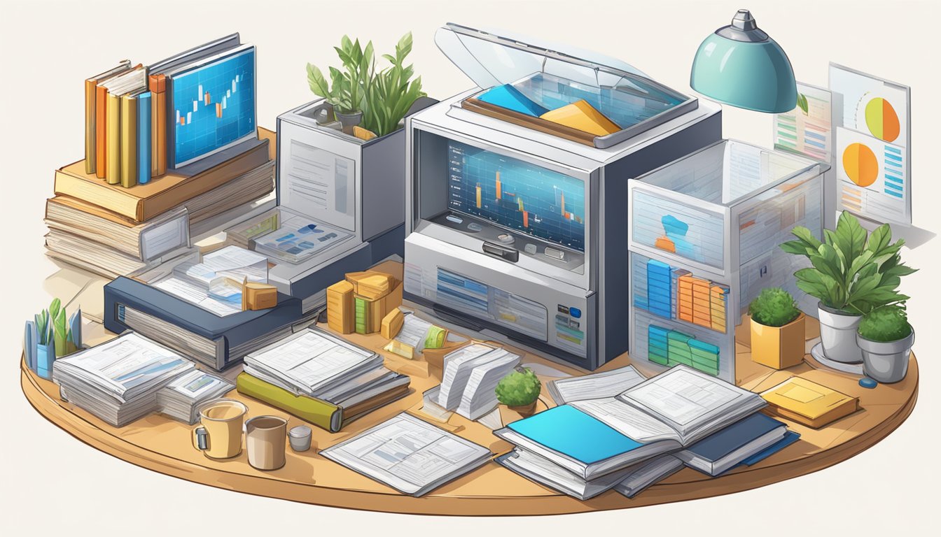 Et travelt inkubator med finansielle diagrammer og grafer, omgitt av bøker og en utgivelsesplan, som symboliserer suksess og vekst