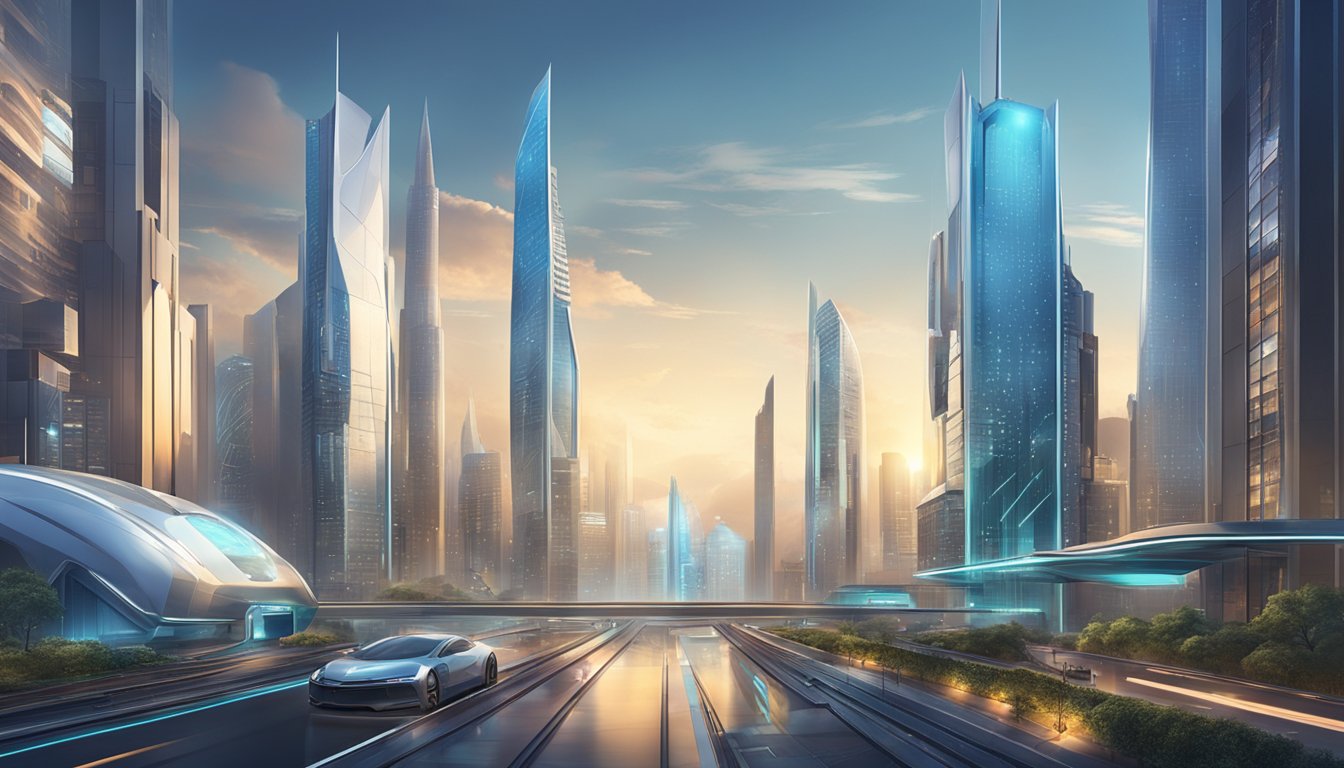 A futuristic city skyline with sleek, modern buildings and advanced technology integrated into everyday life