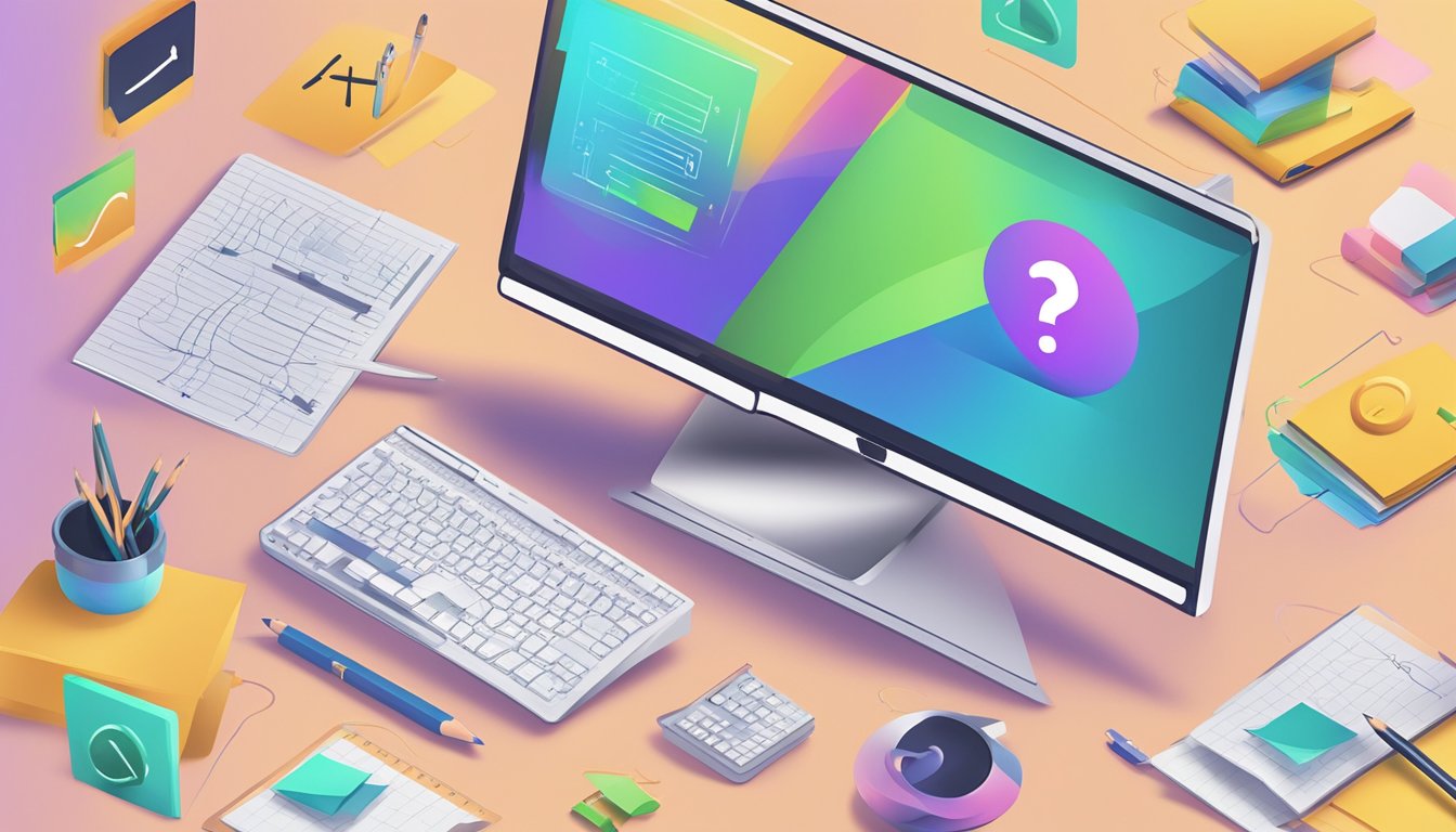 A computer screen displaying a logo surrounded by question marks, with a pencil and sketchpad nearby