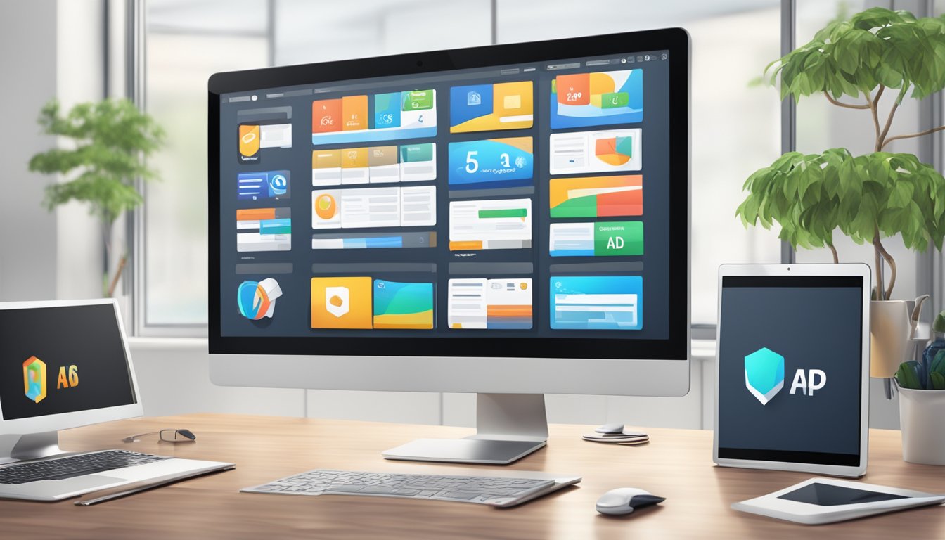 A digital platform with advertising agency logos and computer screens displaying ads