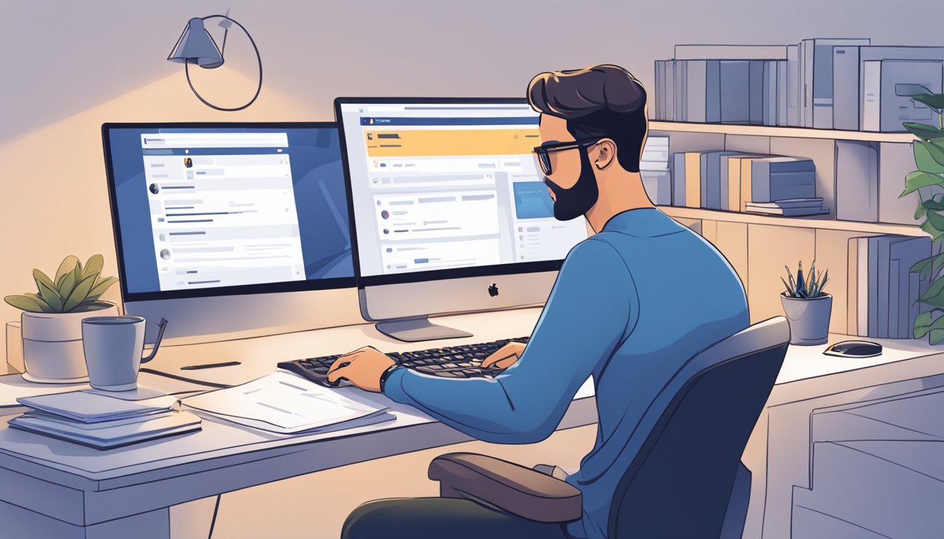 En person som sitter ved et skrivebord med en datamaskin, og administrerer Facebook annonse-lisenser i administrasjonsgrensesnittet