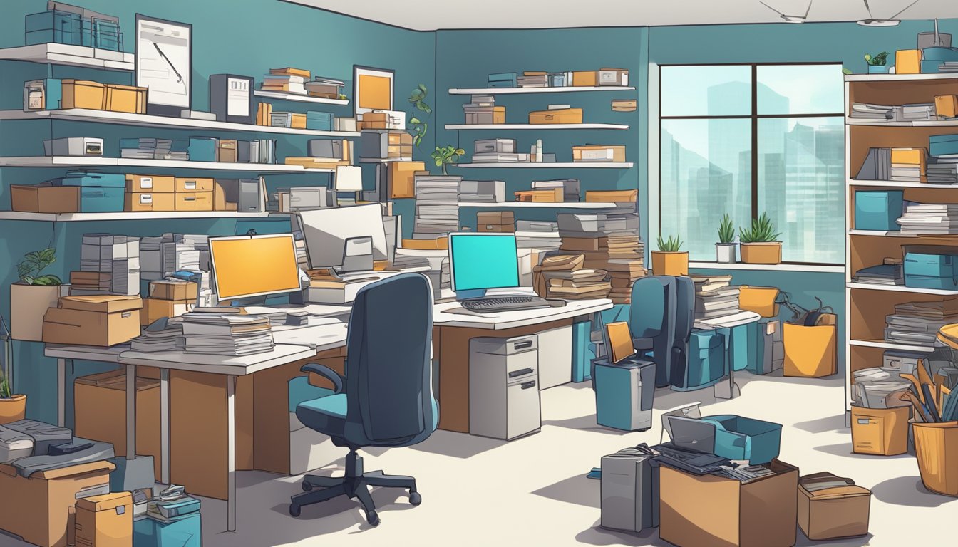 A cluttered office with outdated equipment and high energy usage. The focus is on reducing operational costs for an online store