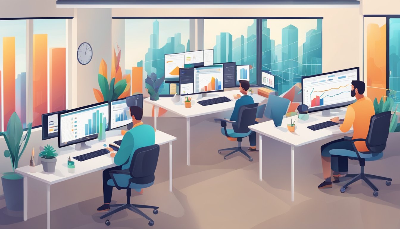 A digital marketing agency office with computers, charts, and graphs on the screens. A team of professionals analyzing data and creating reports