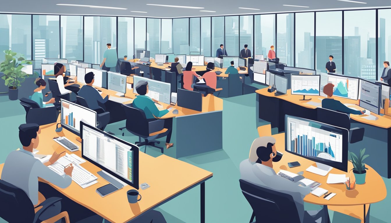 A busy office with people analyzing market data and strategizing marketing plans. Charts and graphs cover the walls, while computers and papers clutter the desks