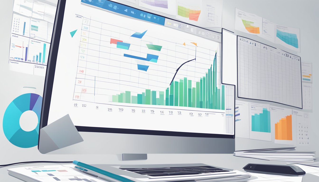 A table with charts, graphs, and a calendar. A whiteboard with bullet points and arrows. A laptop open to a strategic planning document