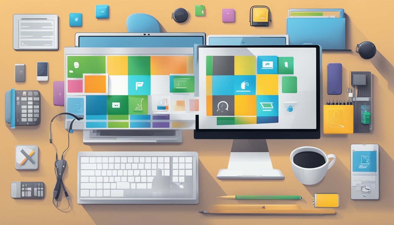 A laptop displaying the "Startup Logoens Funksjonalitet i Digitale Medier" logo on a sleek, modern desk with digital devices around it