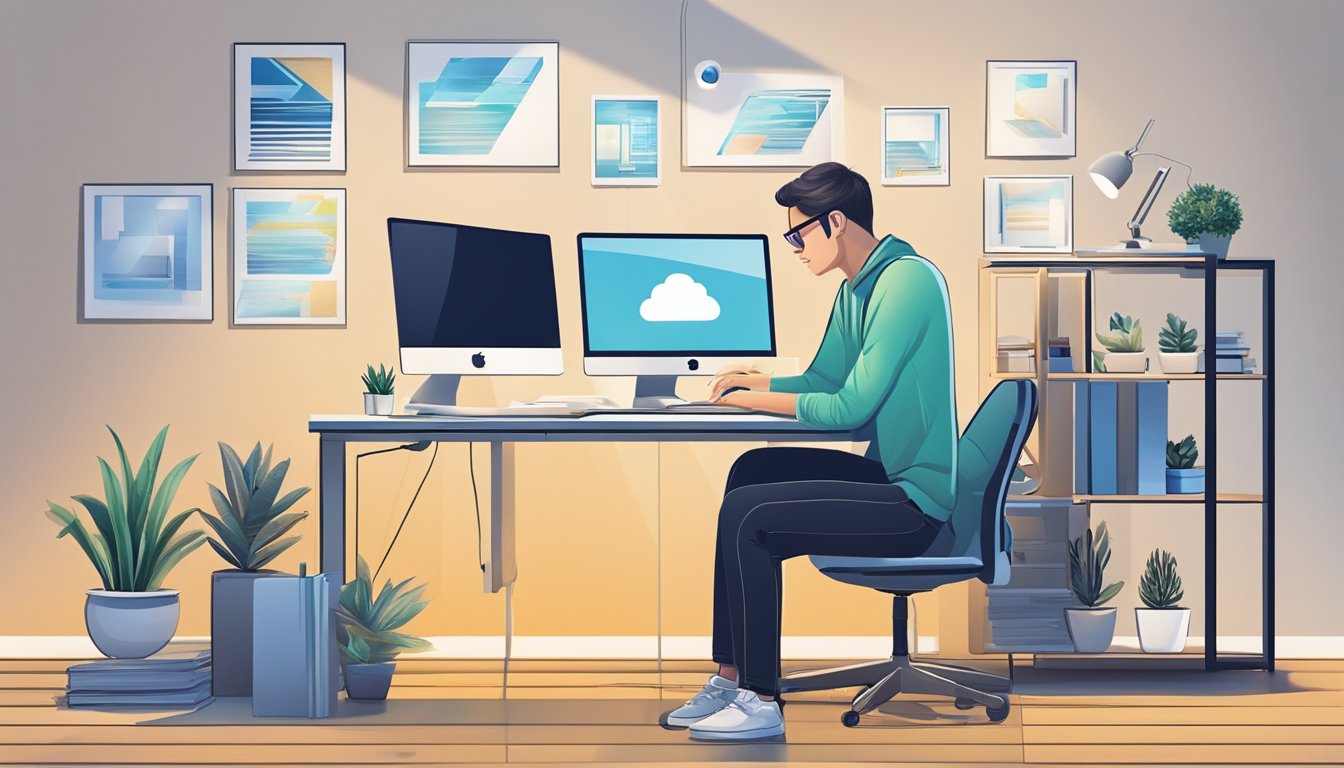 A designer creating a brand logo and visual communication, using a computer and design software in a modern office setting