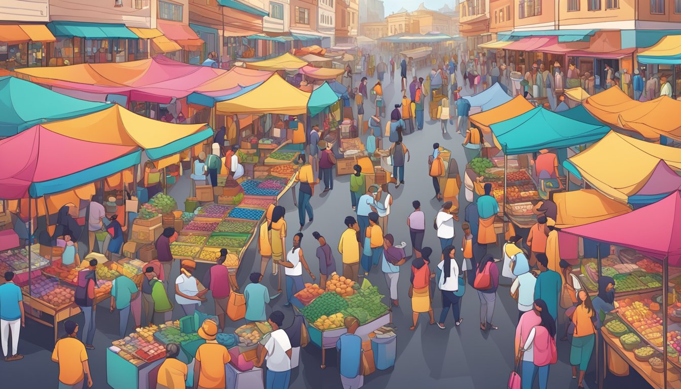 A bustling marketplace with colorful stalls and vibrant signage, showcasing various products and services. People are engaged in lively conversations, and the atmosphere is filled with energy and excitement