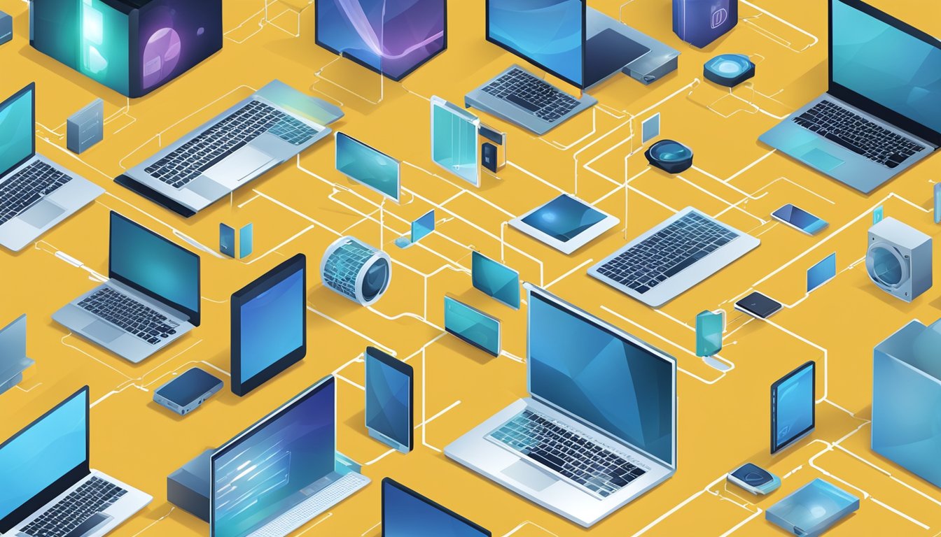 En gruppe sammenkoblede digitale enheter og systemer, som symboliserer implementeringen av digitale løsninger i forretningsutvikling