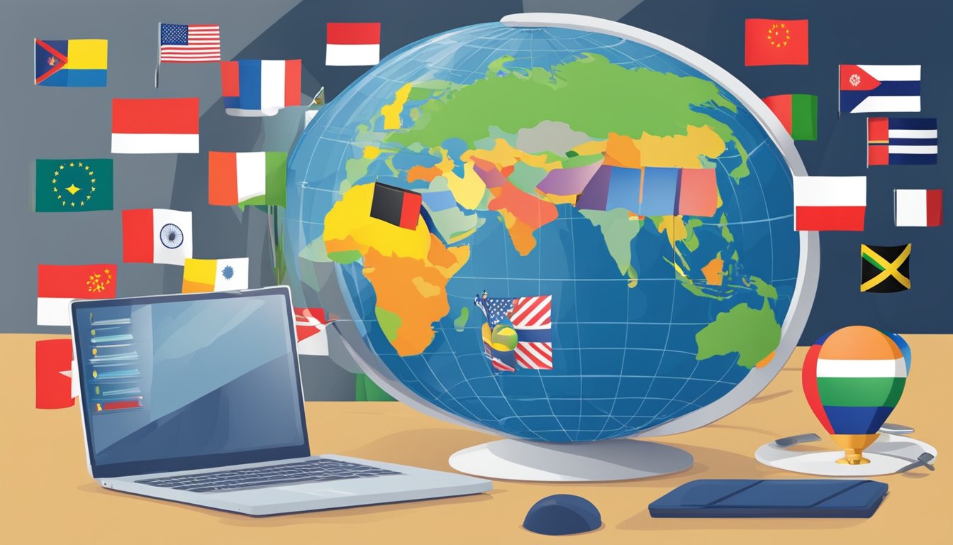 En internasjonal nettbutikk som utvider sin rekkevidde med en globe og forskjellige flagg som representerer ulike land