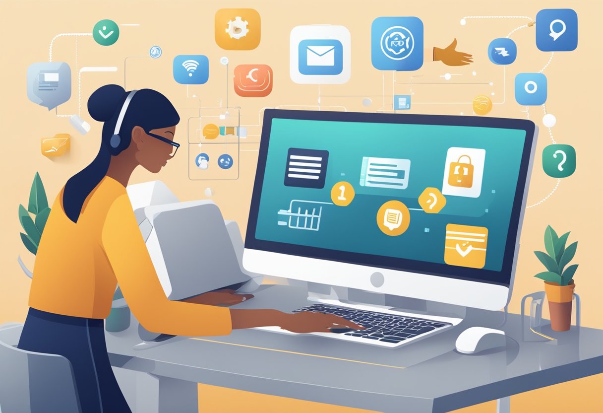 A customer service representative assists a shopper on a computer, surrounded by icons and symbols representing user experience and online shopping