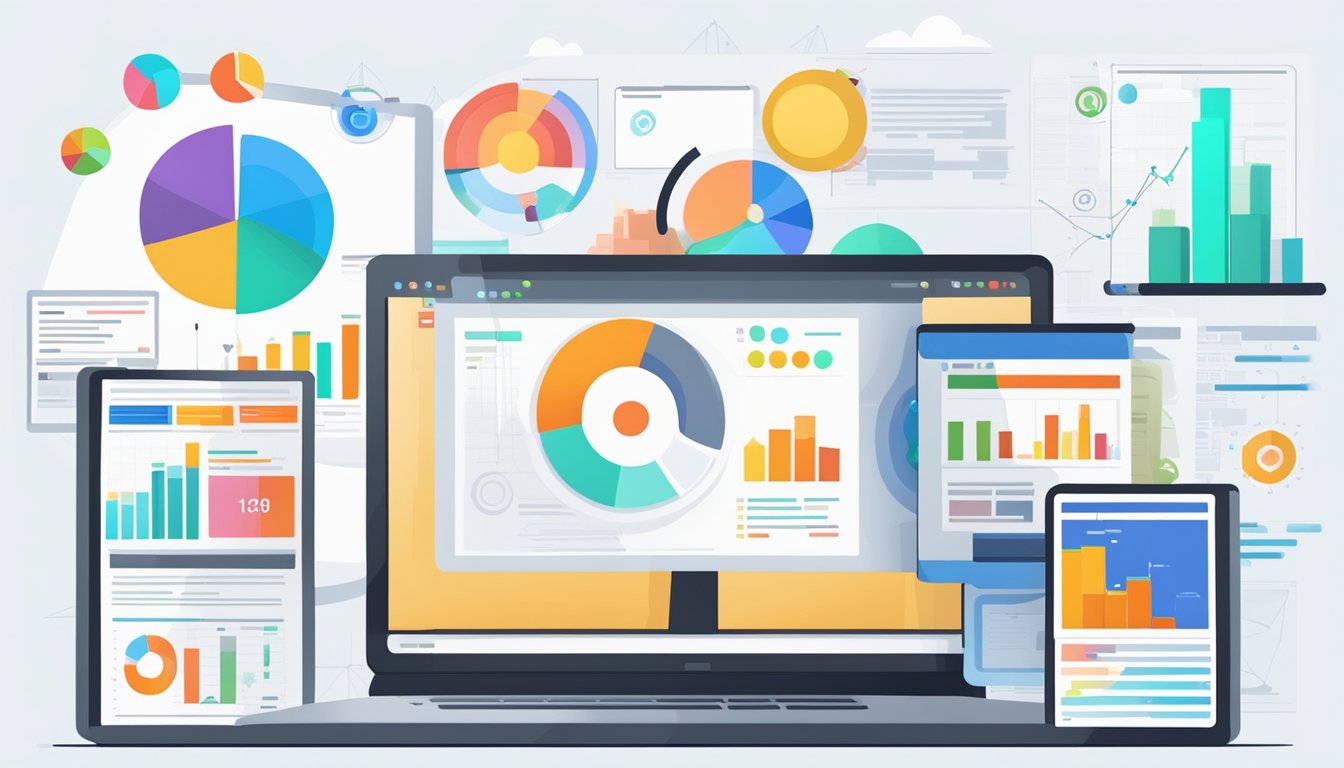 A computer screen displaying targeted advertising strategies with various digital marketing tools and data analytics charts